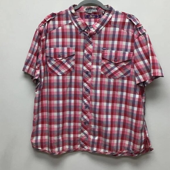 Akoo Mens Button Down Shirt Red White Plaid Short Sleeve Pockets 100% Cotton 3X - Picture 1 of 7